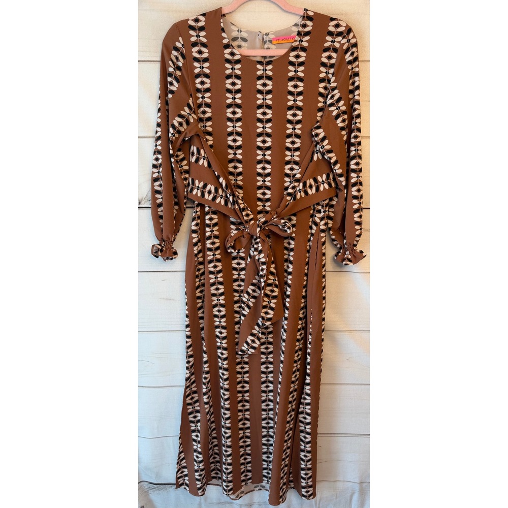 Vilagallo Brown Geometric Floral Print Layered Tie Waist Midi Dress Size 38
